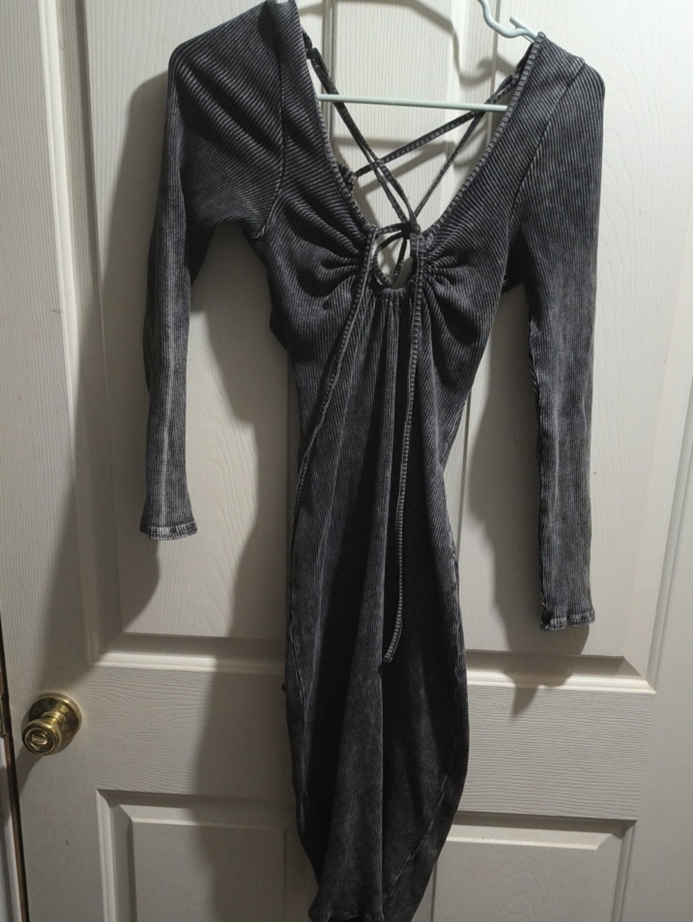 Grey Ribbed Long Sleeve Tie-Front Women's Dress